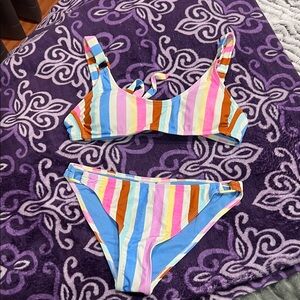 California Waves Girls' Striped Bikini in Blue, Pink, Yellow, Brown, Cream